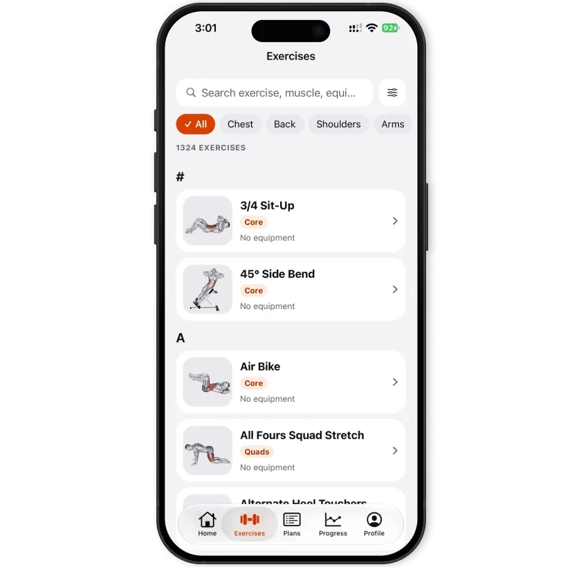 Upform exercise library with search and muscle filters