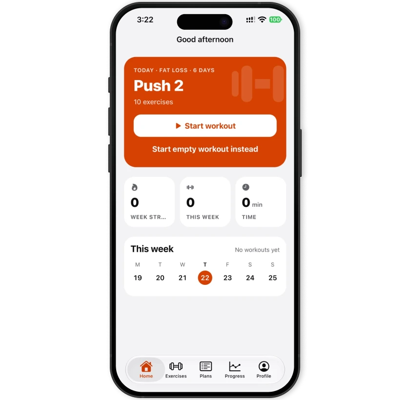 Upform home screen with today's planned workout and weekly stats