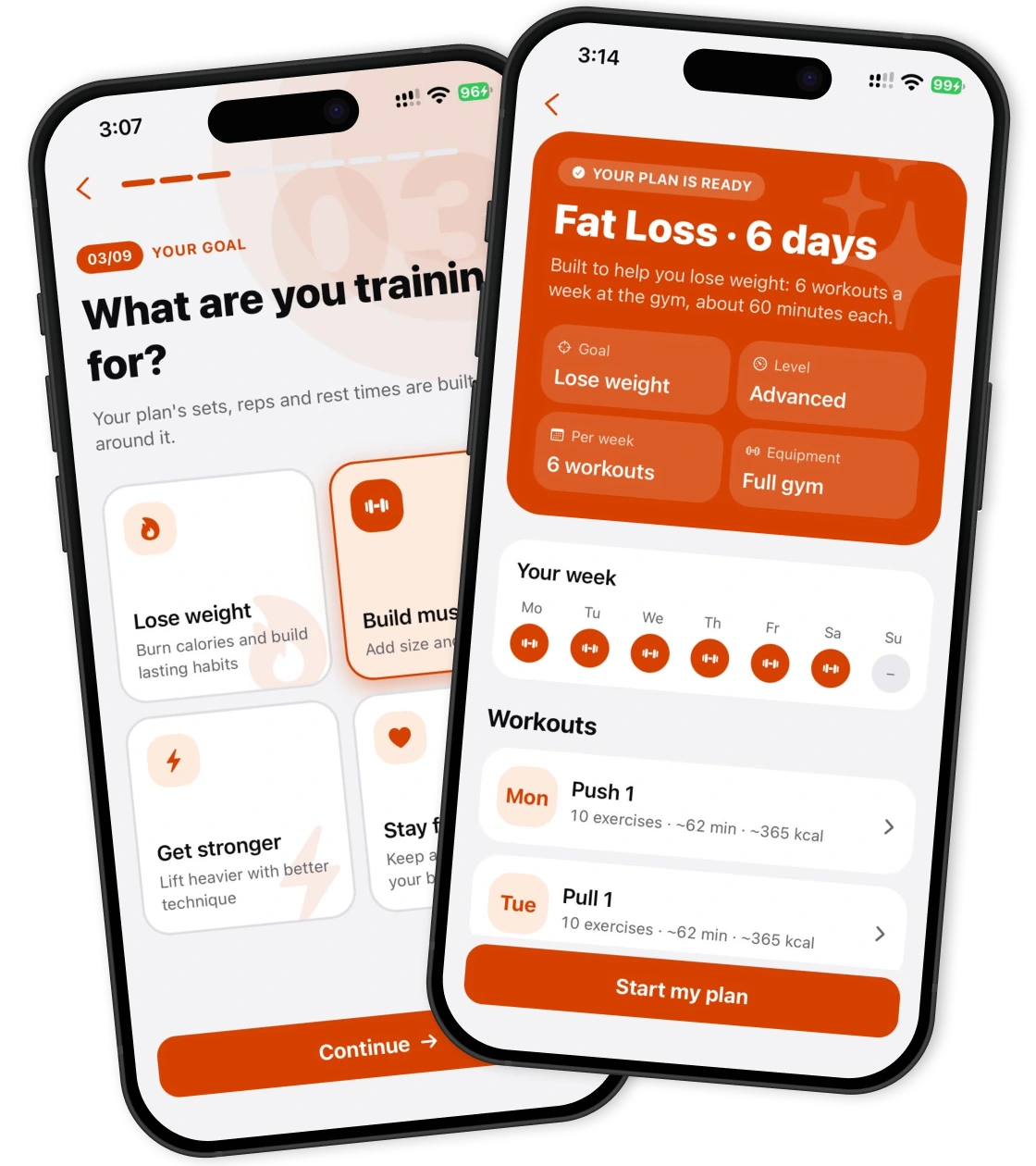 Upform onboarding asking what you're training for, next to the generated plan with the training week
